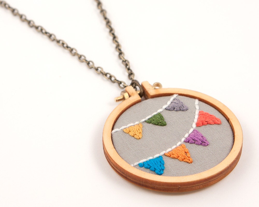 Bunting embroidered necklace - mini embroidery hoop - mustard, olive, grey, peacock blue, ginger, purple, coral - made by dandelyne