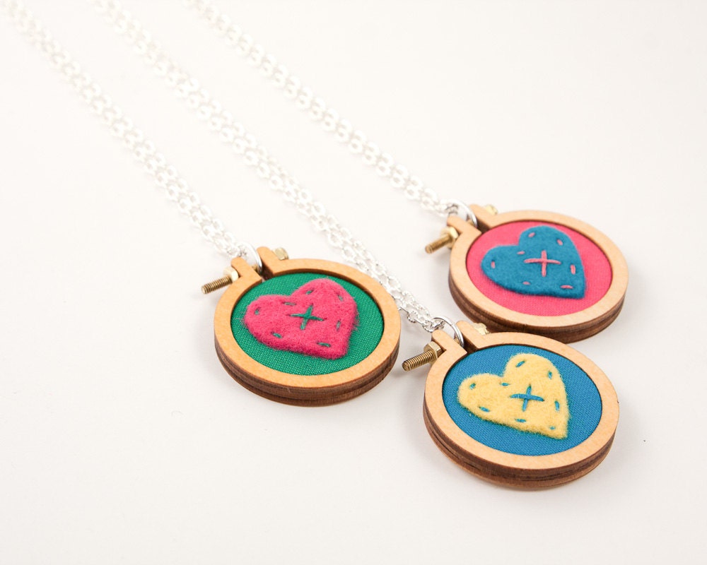 LOVE HEART embroidery hoop necklace - red, pink, grey, blue, hot pink - cross my heart - made with love by dandelyne