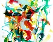 Art by a Special Needs English Bulldog - 8x8 Bold Abstract Art Print by Piper The Painting Bulldog - emerald, orange, baby blue, yellow