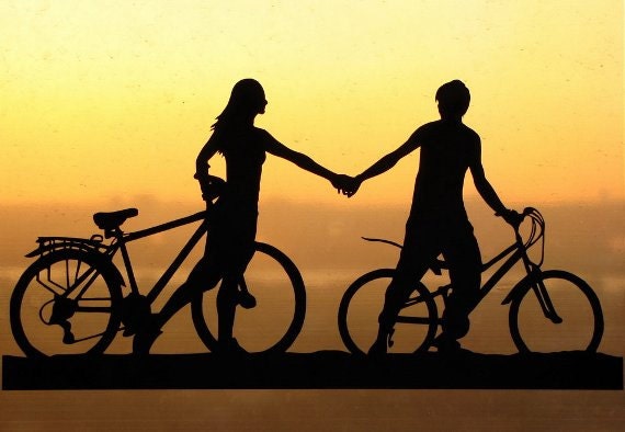 Holding Hands Couple with Bicycles Handmade Original Papercut First Anniversary Gift: Hand-Cut Paper Art Silhouette (UNFRAMED)