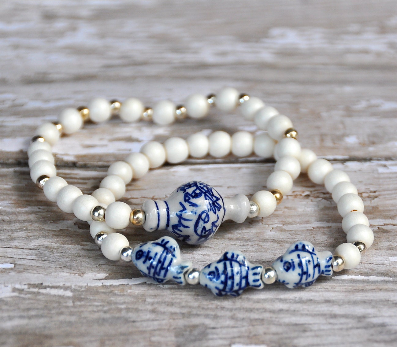 NEW Blue and White Ceramic Fish Bead Bracelets / Beaded Bracelets