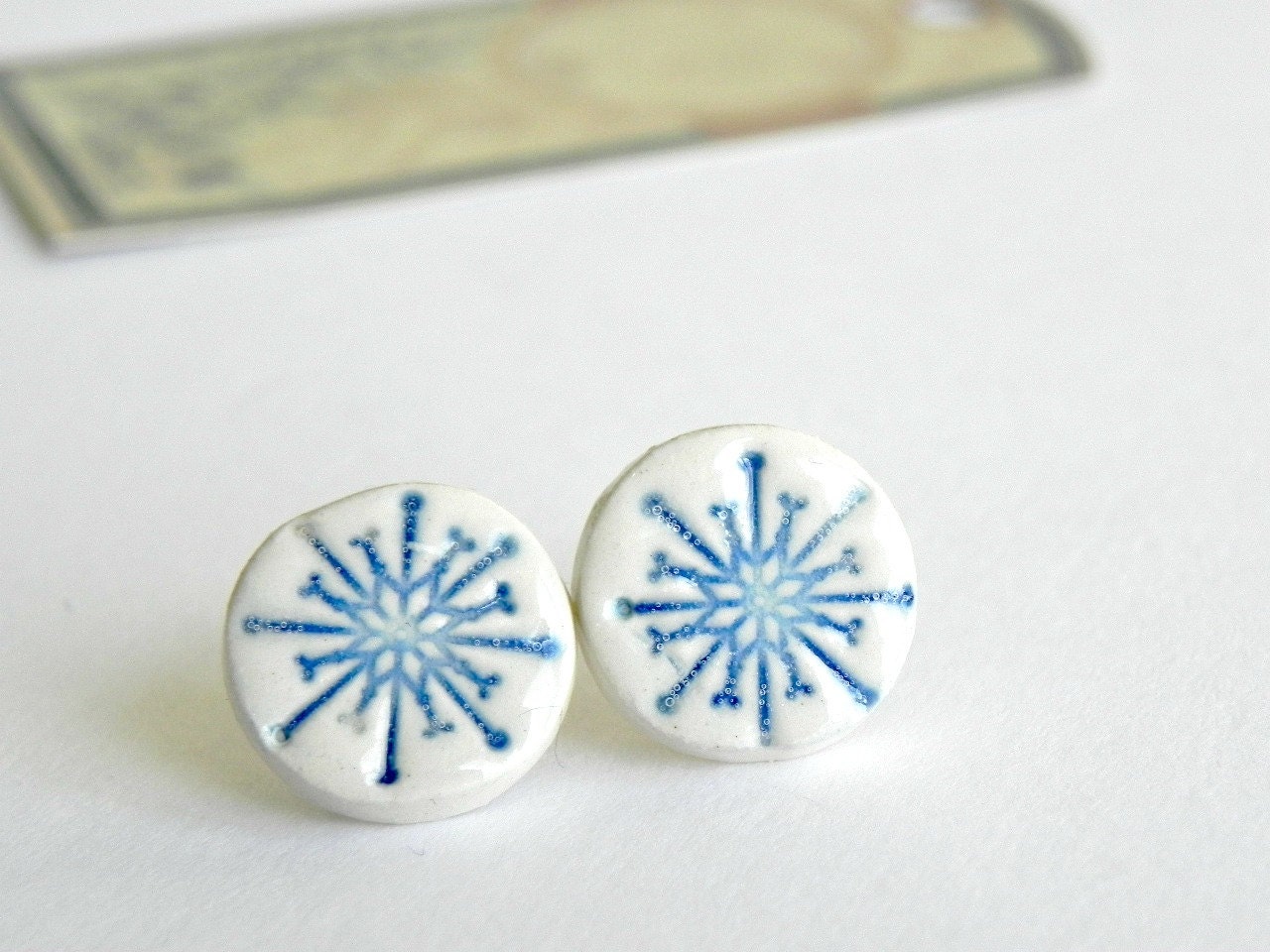 Ceramic Post Earrings Pottery White and Blue Shiny Studs - Ceraminic