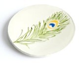 Ceramic Round Ring Holder Green Peacock Feather Decorative Pottery Plate Colorful Dish Recycled Box