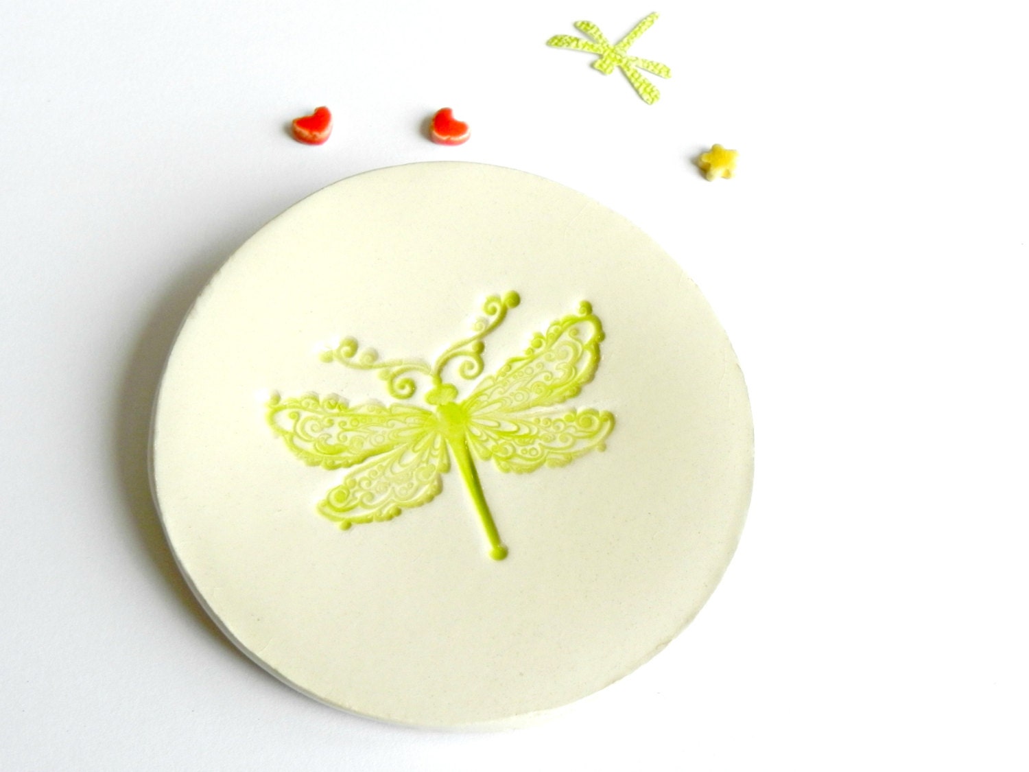Ceramic Ring Plate Dragonfly Apple Green Pottery Dish Neon Green Ivory Plate Modern Decoration - Ceraminic