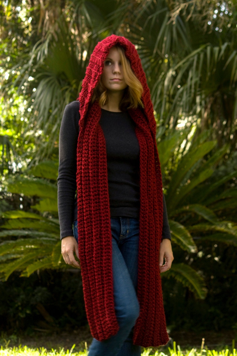Hooded Scarf, Maroon Scoodie, Red Crochet Hood, Dark Red Scarf