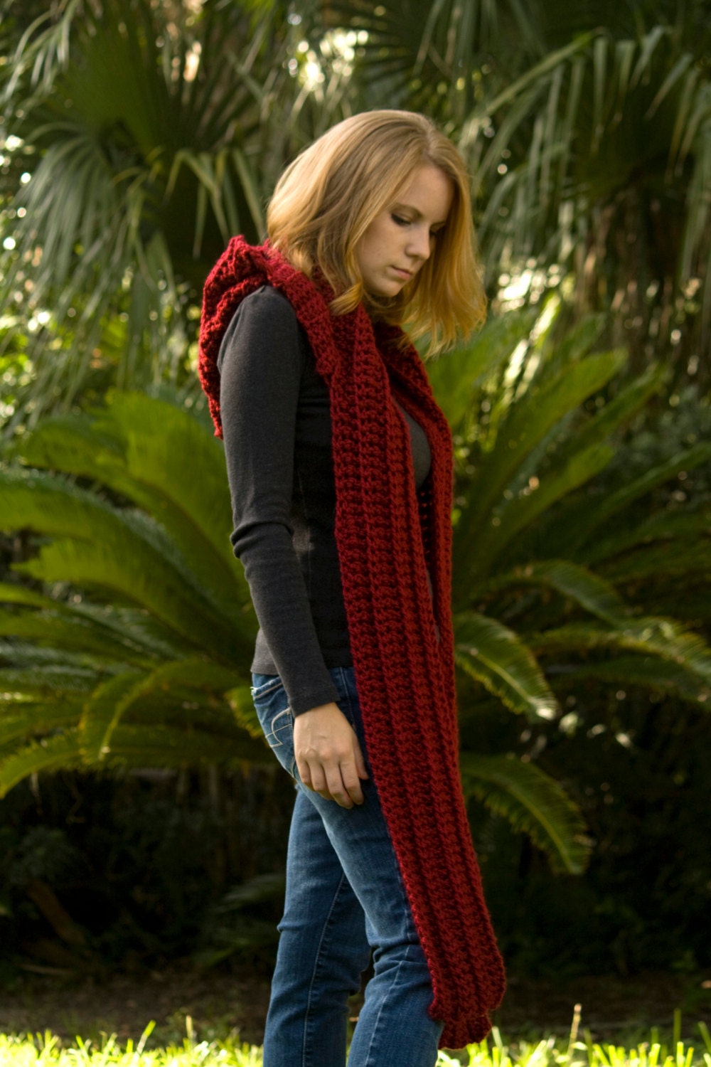 Hooded Scarf, Maroon Scoodie, Red Crochet Hood, Dark Red Scarf