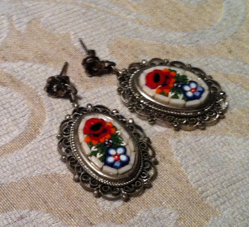 Vintage Bridal Micro Mosaic 30-40's. Filigree Earrings