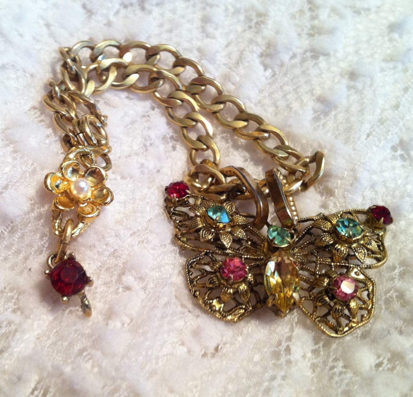 Vintage 20-30's Czech Spring Butterfly Filigree Rhinestone Bracelet