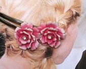 Vintage 40's Fuchsia Pink Rose Bobby Pins, Ges Gesch West Germany