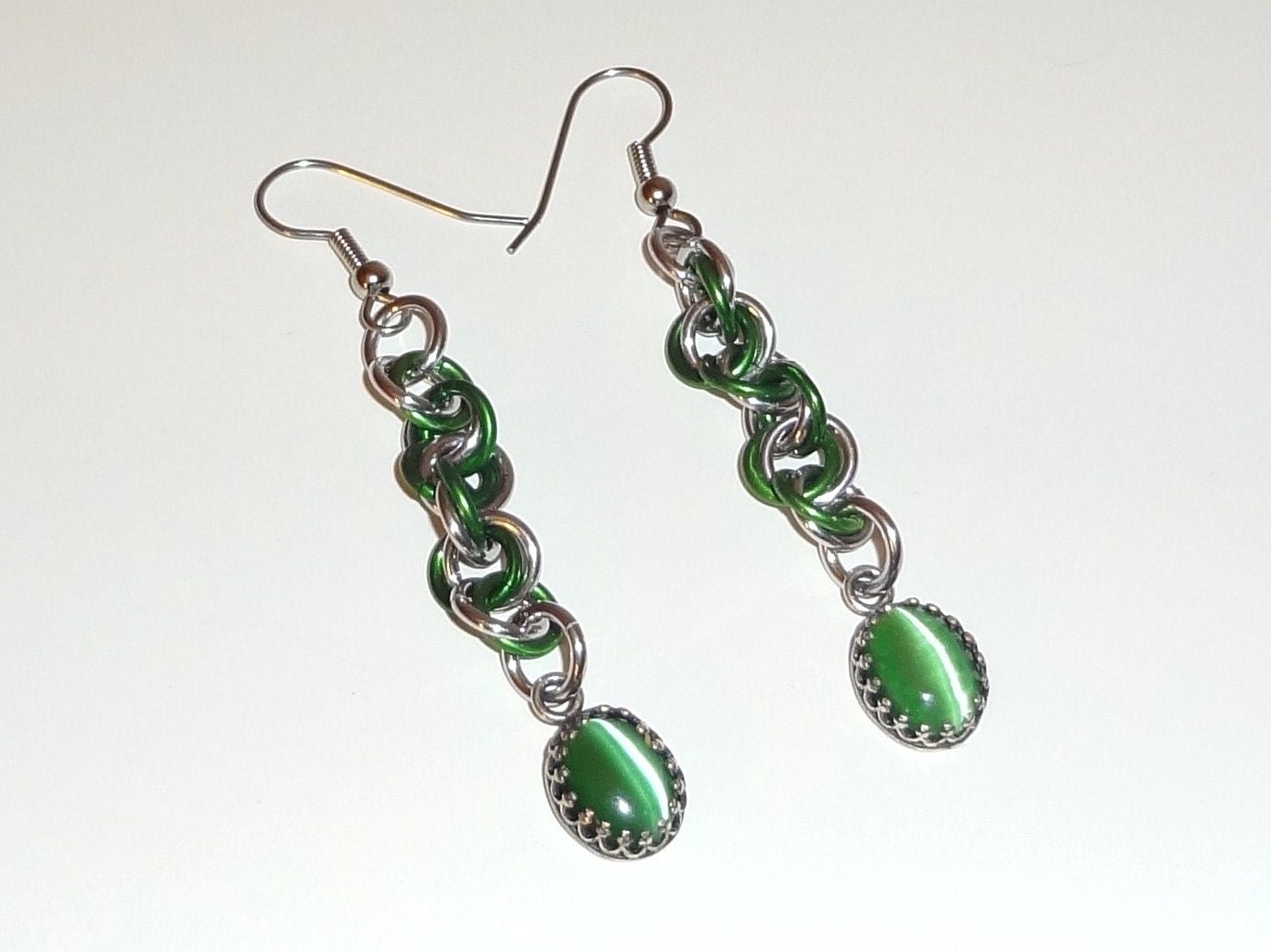 Green Fiber Optic Bezel Set Chainmaille Earrings