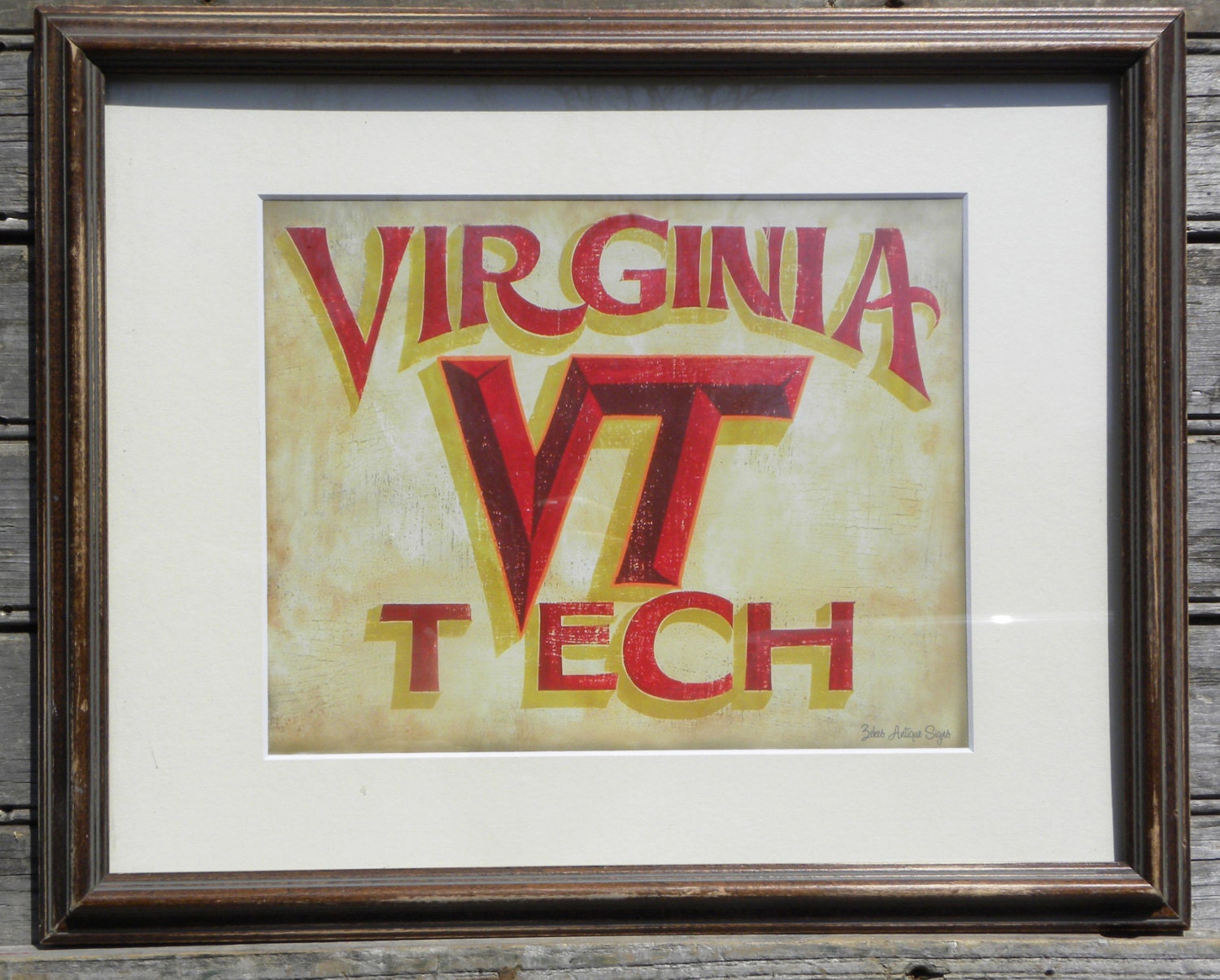 Virginia Tech Print,with MAT, original art, faux vintage, college ,wall decor,