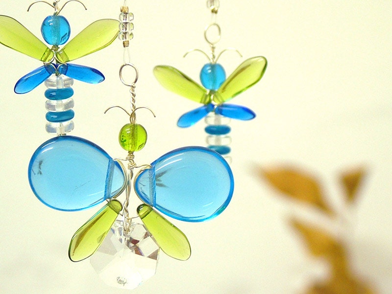 Butterfly Mobile, Crystal Suncatcher, Glass Suncatcher, Butterfly Ornament, Glass Mobile, Childrens Mobile, Whimsical, Cyan Blue, Green