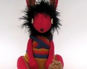 Pink Woollen Rabbit - Handmade plush sculpture - Pink woollen body with felt ears - wearing mustard woollen pants with stripey braces.