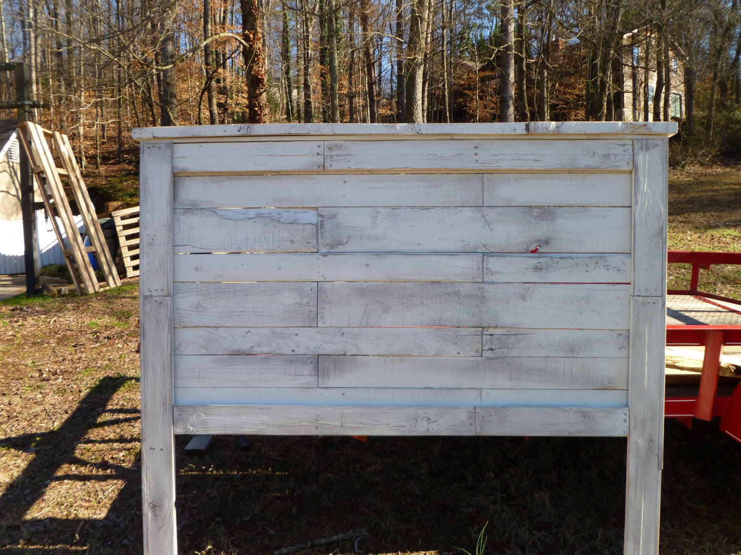 Distressed white Queen headboard made from pallets