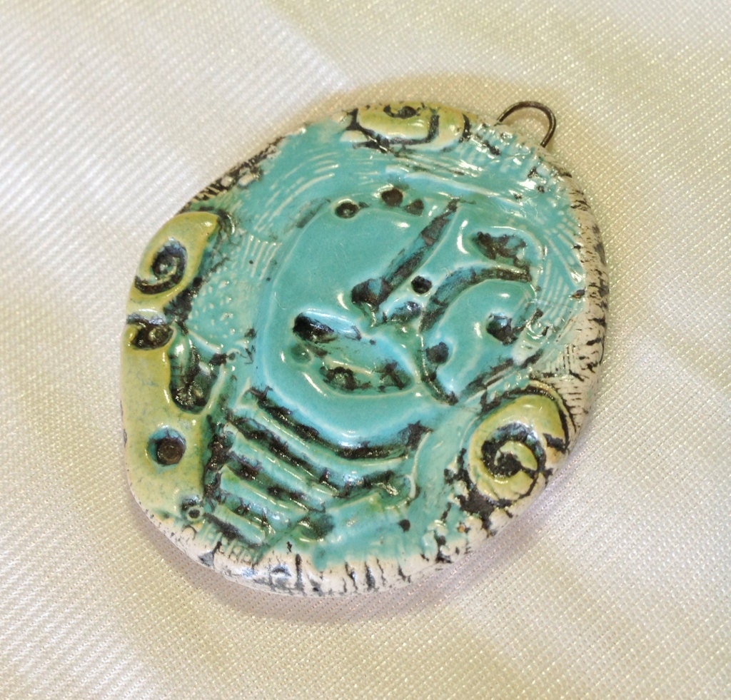 Steampunk  Fanciful Whimsical Face Aqua Ceramic Pendant