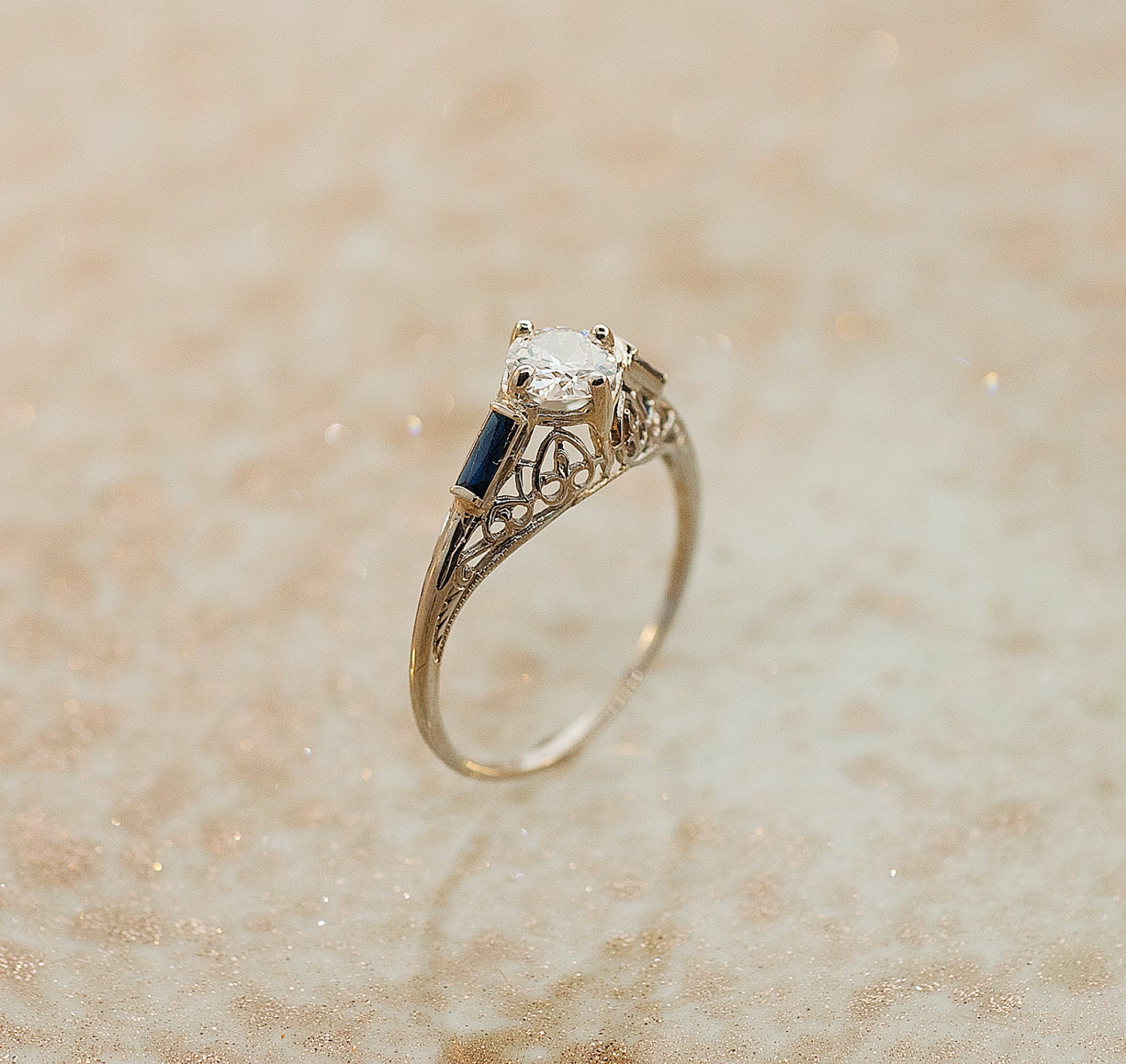 Antique 18K Diamond and Sapphire Filigree Engagement Ring