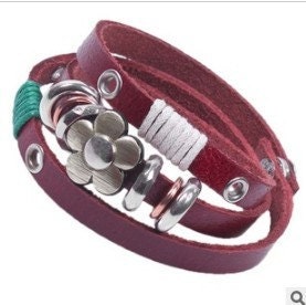 Wrap Bracelet, Lovely Metal Flower Leather Woven Bracelet, Women Leather Jewelry Bangle Cuff Bracelet  RZ0252