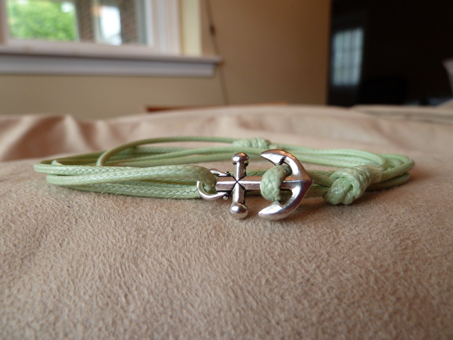 Light Green Woven Waxed Cotton Cord Wrap Bracelet with Silver Anchor featuring adjustable slip knot