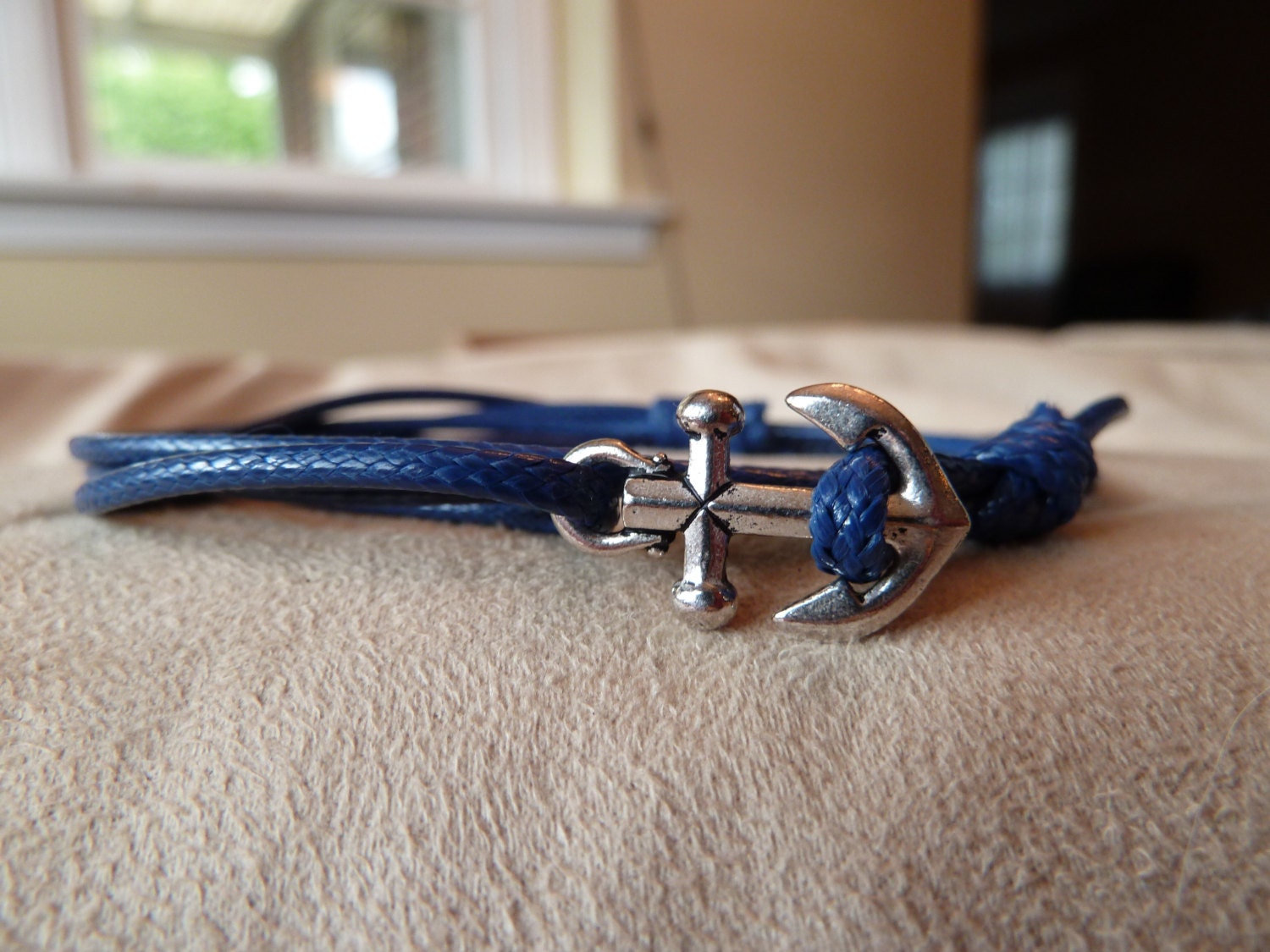 Blue Woven Waxed Cotton Cord Wrap Bracelet with Silver Anchor featuring adjustable slip knot