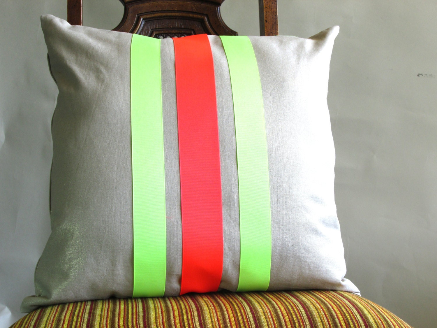 NEON PILLOW Throw yellow pink 18 x 18 modern decorative bright pink stripe Linen ONE