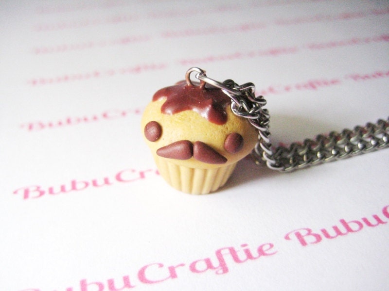 Mr Mustache Cupcake Necklace Polymer Clay