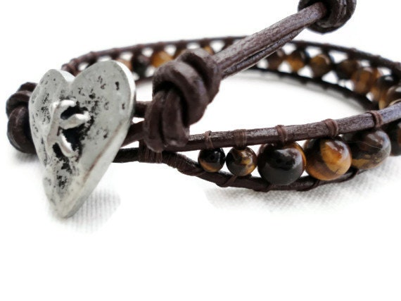 Men's Single,  Brown Leather, Wrap Bracelet with Tiger's Eye gemstones, Chan Luu Inspired
