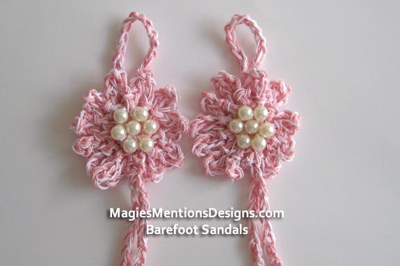 Crochet Cotton Barefoot Sandals Pink White with Flower and Pearls Handmade Crocheted One Size Fits Tweens, Teens and Women