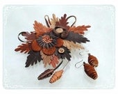 Vintage Leather Fall Leaves Brooch & Earrings - Shades of Autumn -  1735a-121012000