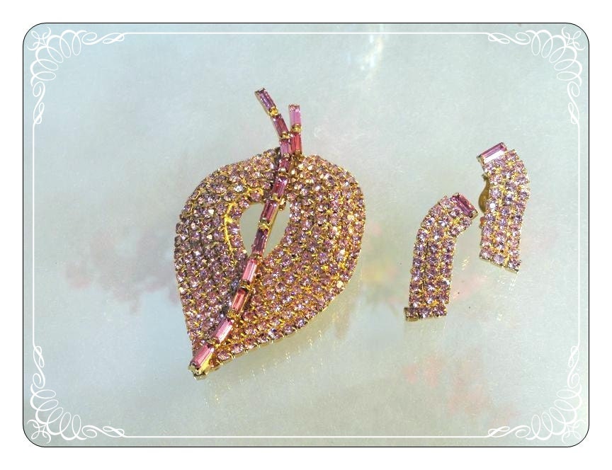 Pink Rhinestone Leaf Brooch & Earring Set - Vintage Sparkles  1162a-042213000