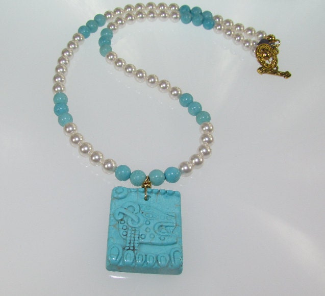 White Swarovski Pearls and Turquoise with Magnesite Inca Pendant