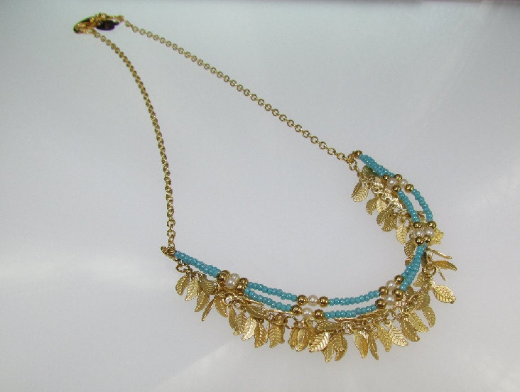 Matte Gold Plated Leaf Charms with Sea Blue Czech Seed Beads and Swarovski Pearls Necklace