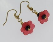 Red Camelia Lucite Bead Flowers with Jet Black Swarovski Crystals Earrings