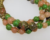 Green Mosaic Turquoise, Calcite and Unakite Beads three Strand Stretch Bracelet