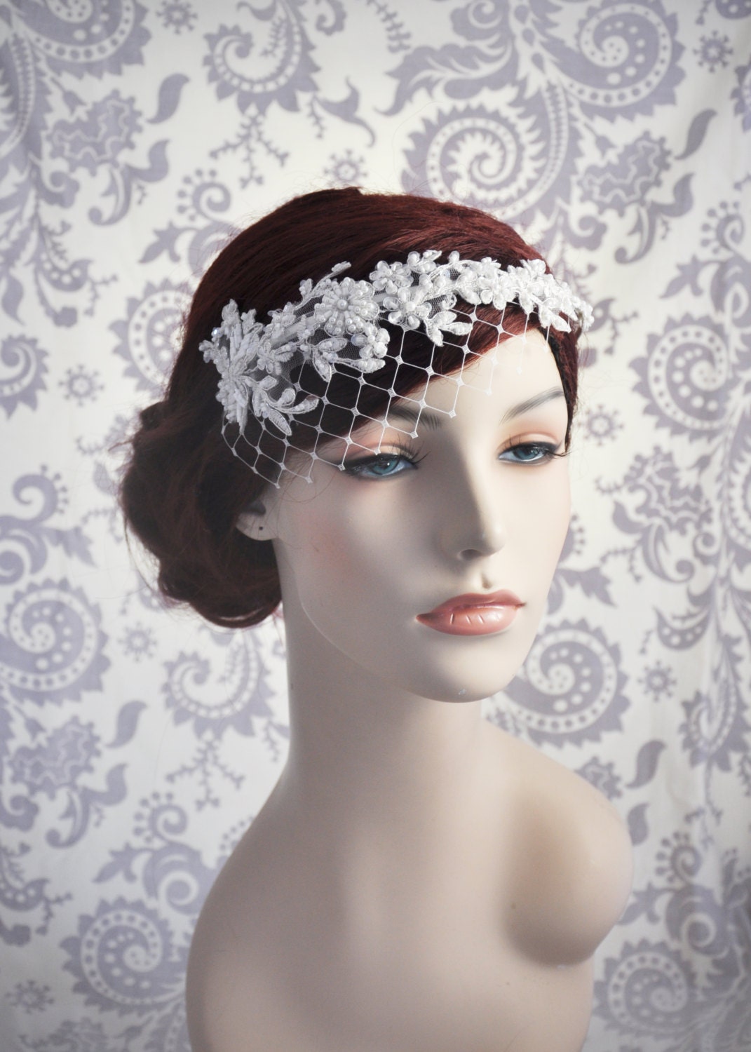 Bridal Headband with Birdcage Veil and Lace, Bridal Headpiece Crown Halo Wreath, Merry Widow, Beaded Lace Pearls, White or Ivory