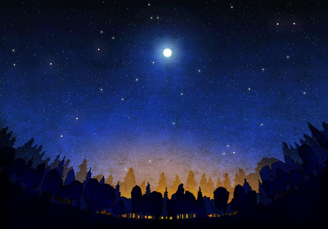 Illustration - The secret of the night forest - Art illustration,Art prints,Love,Art prints,Art Posters,stairs,moon,sky,night,blue,black