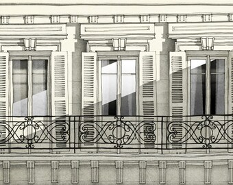 Paris illustration - Paris balcony - Fine art illustration,Fine art prints,Art Posters,Paris art,Paris decor,Wall art,wall decor,grey,white
