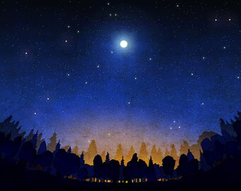 Illustration - The secret of the night forest - Art illustration,Art prints,Love,Art prints,Art Posters,stairs,moon,sky,night,blue,black