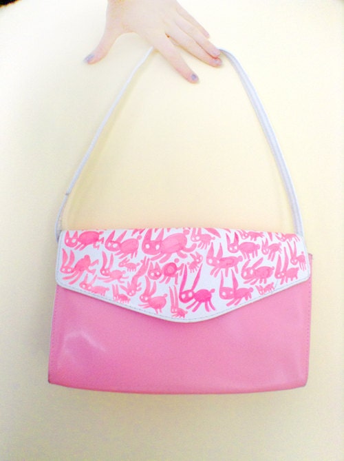 OOAK Upcycled 'pink rabbits'  vintage 60s handbag