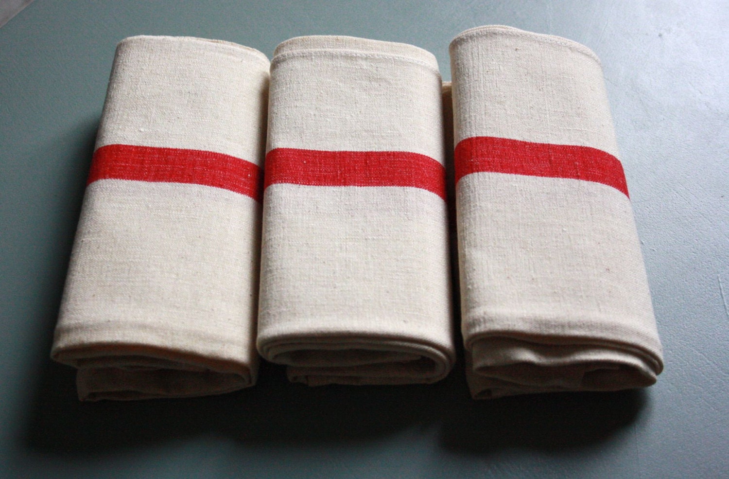 vintage linen towel, red striped, french kitchen decor