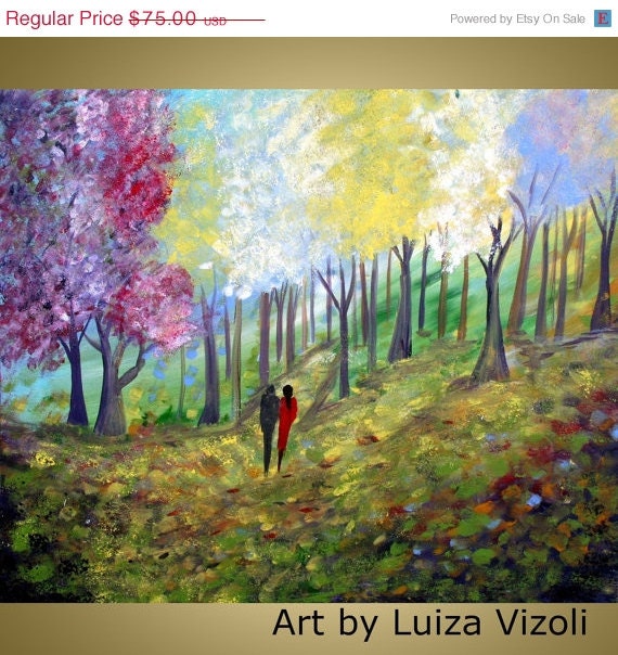 on SALE SPRING PARK Giclee on Large Gallery Canvas ready to hang, landscape, romance,trees,flowers from original painting by Luiza Vizoli 2