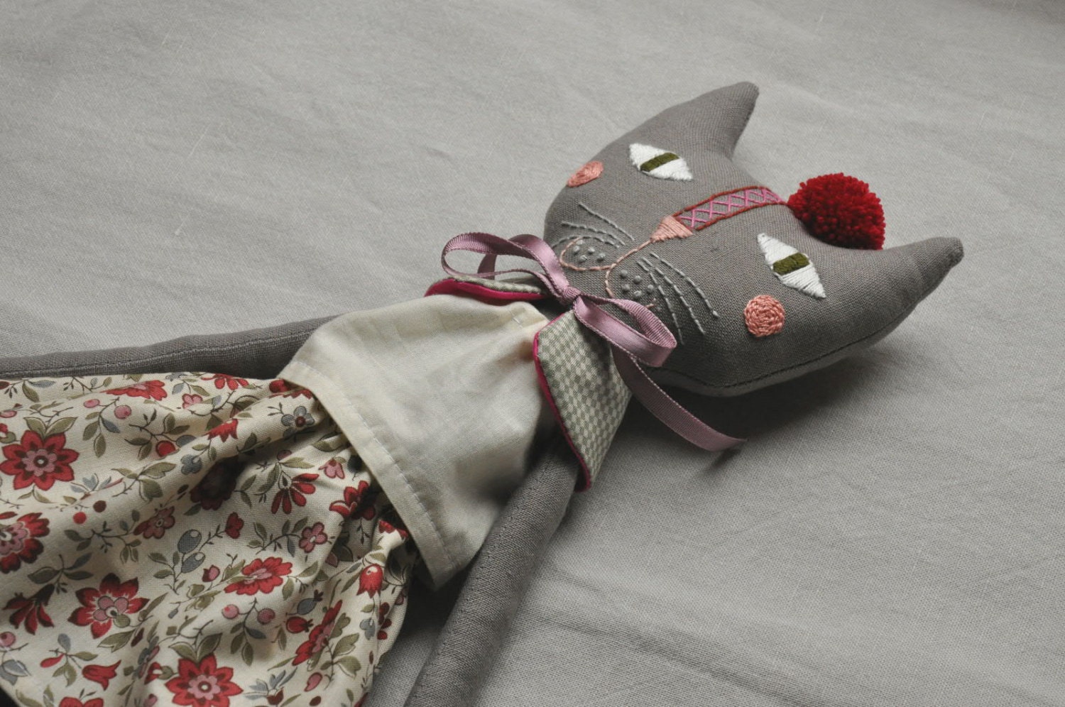 Grey cat with embroidered face - handmade rag cat doll