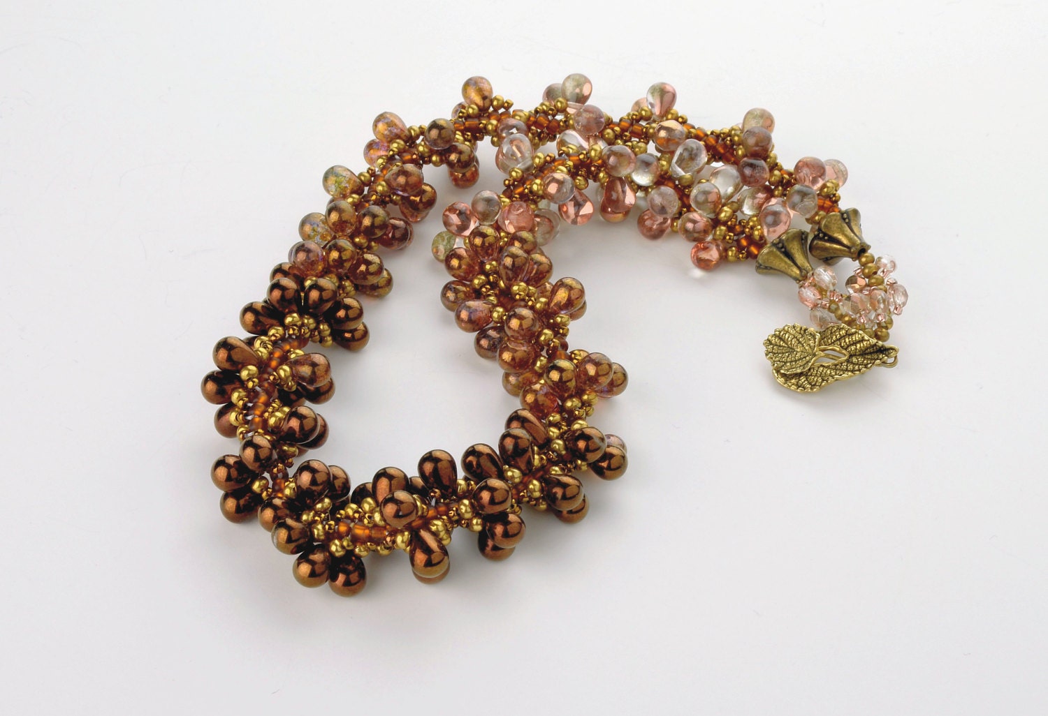 Spiral beaded necklace, teardrop necklace, seed beads necklace, spiral bead weaved necklace, smoke topaz, bronze , apollo gold teardrops