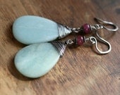 Amazonas earrings-  Rustic, Boho,Large Amazonite Stone, Sterling Silver, Handembroidery, Earth,Long Dangle,Green Blue Color