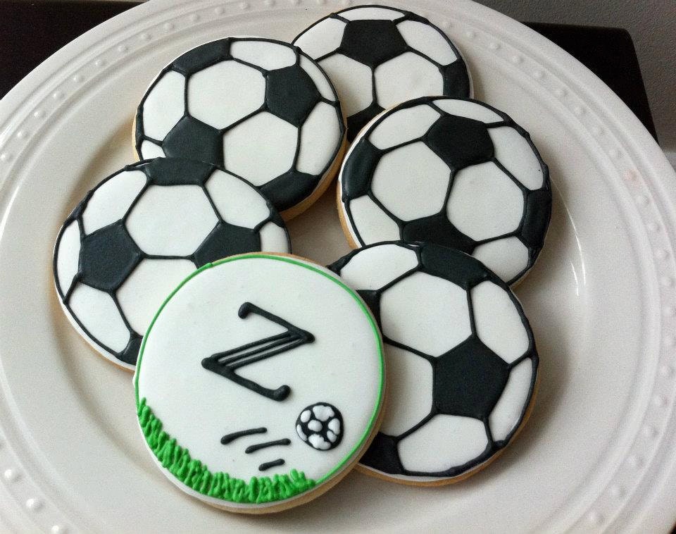 Decorated Soccer Ball Cookies, with personalized initial soccer field cookie