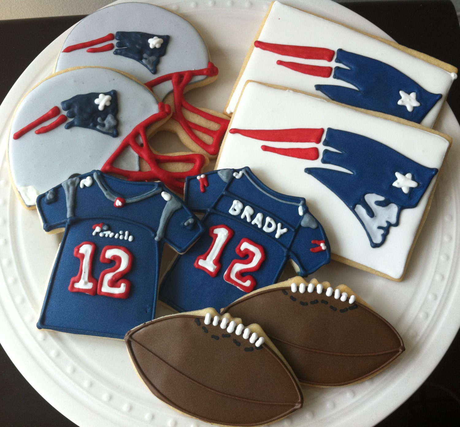 New England Patriots Football Decorated Cookies- jersey, helmet, football, team logo, boston