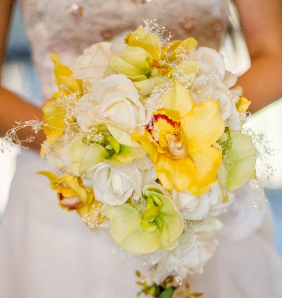 Real Touch Orchid Cascading Wedding Bouquet White Roses by flovery