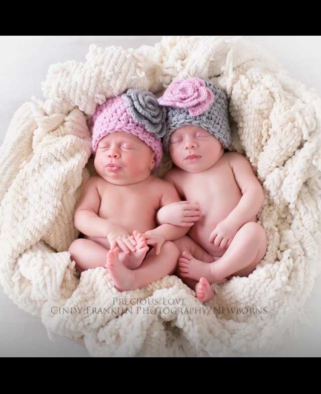 Baby girl Easter Hat, Beanie gray and pink flower Hat