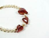 Red crystal heart bracelet White pearl bracelet Romantic Swarovski crystal beaded jewelry  Enduring Hearts
