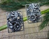 Sarah Cov Filigree Flower Earrings Clips Clip On, Silver, Floral, Rectangular Square, Vintage FREE SHIPPING (141)