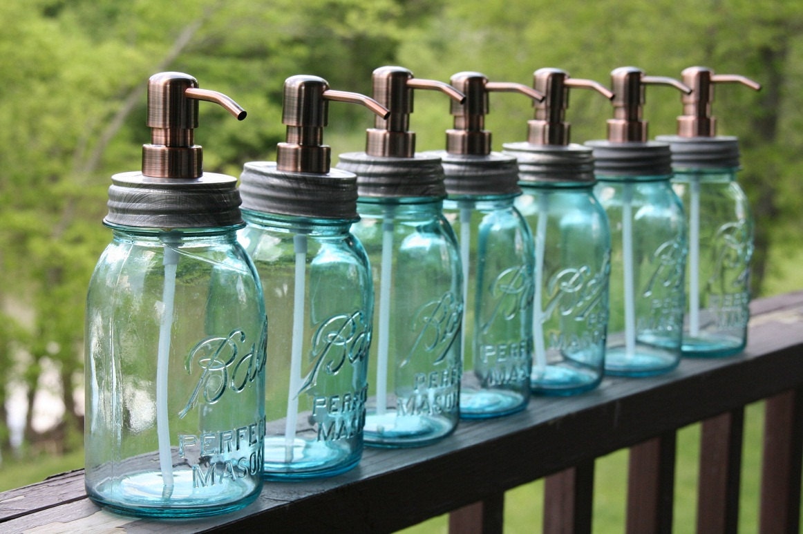 Blue Quart Jar Lotion Bottle / Soap dispenser - Mason Jar with Copper Soap Pump